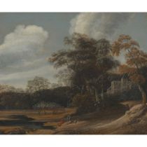 17TH CENTURY DUTCH SCHOOL A WOODED LANDSCAPE WITH TRAVELLERS ON A PATH
