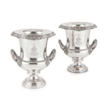 PAIR OF GEORGIAN STYLE SILVER-PLATED ARMORIAL WINE COOLERS LATE 19TH/ EARLY 20TH CENTURY