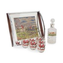 ART DECO STYLE ENAMELLED DECANTER AND GLASS SET, OF HUNTING INTEREST EARLY 20TH CENTURY AND LATER