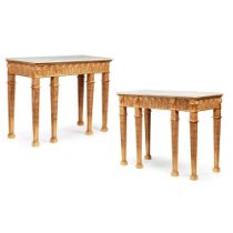 PAIR OF GEORGE III STYLE GILTWOOD MARBLE TOP PIER TABLES, IN THE MANNER OF ROBERT ADAM MODERN