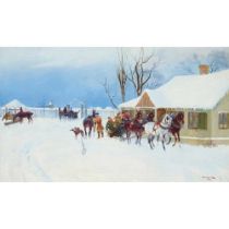 WITOLD WEJCHERT (POLISH 1867-1904) THE MEET - A WINTER LANDSCAPE WITH TRAVELLERS IN A TROIKA