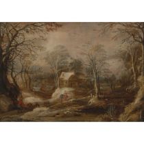 CIRCLE OF JOOS DE MOMPER A WINTER LANDSCAPE WITH FIGURE DRIVING PIGS