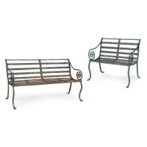 TWO GREEN PAINTED WROUGHT IRON GARDEN BENCHES EARLY 20TH CENTURY