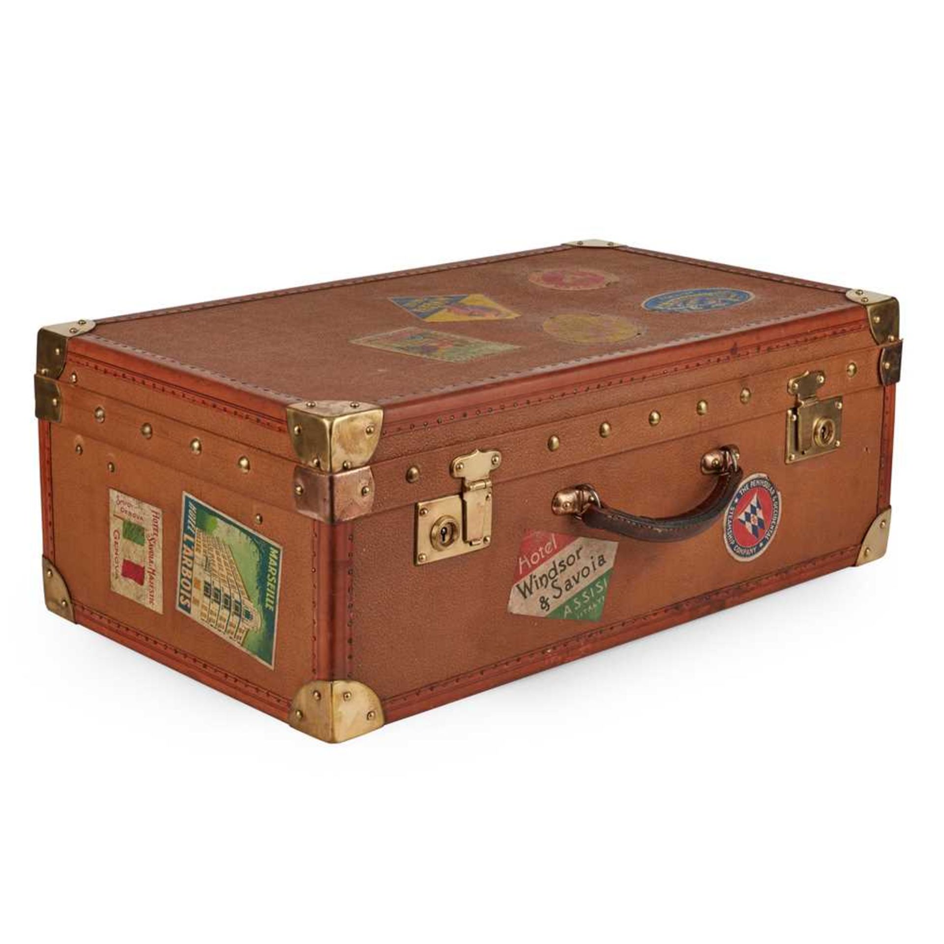 FRENCH LEATHER AND BRASS BOUND CANVAS SUITCASE CIRCA 1920 - Image 2 of 3