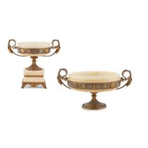 TWO FRENCH ALABASTER, CHAMPLEVÉ ENAMEL AND GILT BRONZE TAZZAS 19TH CENTURY