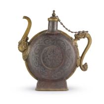 GOLD AND SILVER DAMASCENED IRON 'CHHAANG' BEER FLASK TIBET, 18TH CENTURY