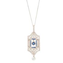 A diamond, sapphire and pearl pendant