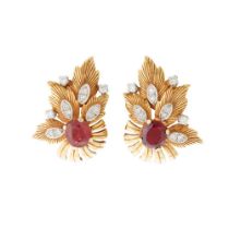 A pair of ruby and diamond floral earrings