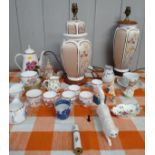 A Royal Doulton white cat 18cm, Spode coffee set, other ceramics including two lamp bases.