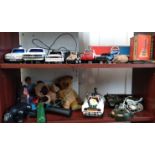 Battery operated and friction cars including BMW and Lancia, Superman doll and two bears.