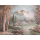 Oil on canvas. mountain, lake and woodland landscape. Framed. (61cm x 90cm inside frame). signed