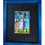 Three ladies carrying baskets above their heads, glazed and framed. 36cm x 30cm