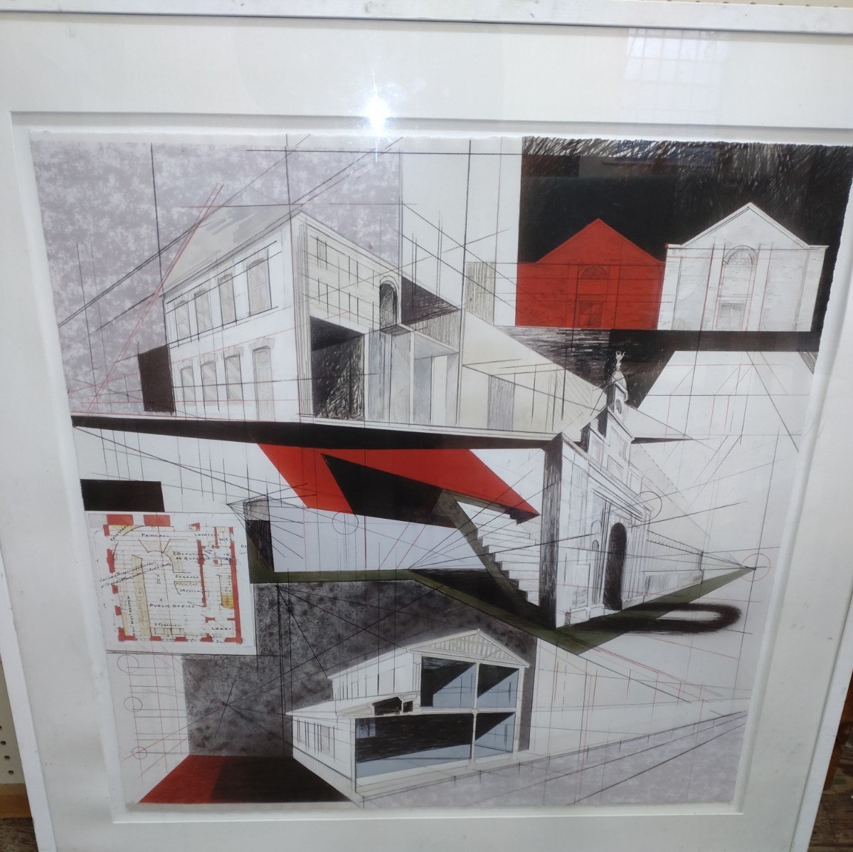 A large print of a design for a railway station. Framed and Glazed.