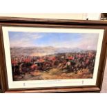 A large Coloured print. "The Charge of the Heavy Brigade". Crimea War framed and glazed.
