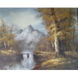 Oil on canvas, framed. Mountain and river landscape. Signed lower right. (Barton). 40cm x 51cm.