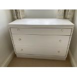 A white chest of drawers, three drawers and faceted glass drawer knobs. 71cm x 96cm x 44cm.