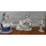 Nao jester with ballerina group 29cm high, Oriental lady playing string instrument 27cm high (some