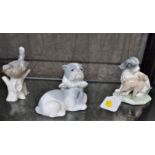 Nao A18.D dog and cat group 10cm high, John Jenkins twin bulldog group 14.5cm long and a bird figure