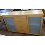 Sideboard: four drawers with frosted doors each side. 85cm x 135 cm x 41cm.