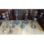 Ten brass and plate candlesticks, some as pairs. (10)