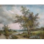 Oil on boar, landscape with river, late 20th century.