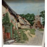 Oil on board village with church c1950s and three other pictures- all framed 20th century.