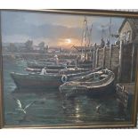 Oil on canvas fishing boats in a harbour, framed C1970.