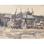 Watercolour- Farm Implements with two cockerel, by Ted Lawson. 1920. unframed.