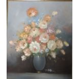 Oil on canvas, Floral Still Life by T Kelly. Signed lower right. Framed. 60cm x 50cm (inside frame)