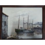 Oil on canvas fishing boats in the harbour. C1970, framed.