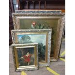 Four retro oil on canvas comprising of two still life of lowers, a landscape after Constable, and