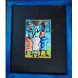 A painting of Three ladies carrying baskets above their heads, framed and glazed 36cm x 30cm