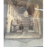 Sepia photographic print of a cathedral interior. Water damaged.