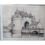 An artist proof engraving of a castle, framed and glazed. Early 20th century. Porte D'Ostend,