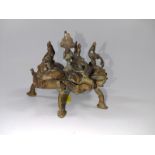 An Antique Bronze Kumkum -with exotic bird (Hindu) 5 section elevated pillbox with hinged lids -