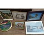 A quantity of paintings and pictures including an oil on canvas of Syracuse, "The Kookaburras"