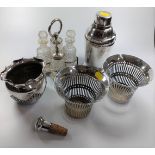 A small collection of silver-plate including a cocktail shaker and bottle cruet, etc.