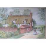 Cottage and walled garden. painting. M Gardner? 30cm x 38cm. Glazed and framed