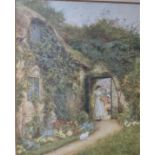 Helen Allingham c1903 print. Lady in garden with child and cat, framed. 28.5cm x 26cm.