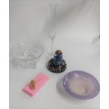 Glass ornaments: Vasart mottled lilac bowl 14cm diameter and Vasart ink bottle paperweight 10cm