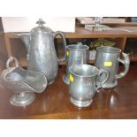 Pewter tankards, coffee pot and sugar hod. 20th century.
