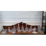 Five glass decanters, bowls, two vases plated dish 23cm and a metal Whisky label (21)