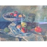 A watercolour by Sarah Margaret Davies in the style of Cezanne: still life, fruit and a glass of