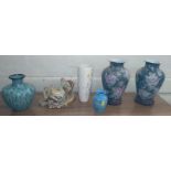 A pair of Chinese Toyo vases with wood stands 25cm, Old Pals figure group and three vases (6)