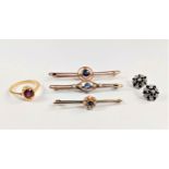 Three bar brooches, a dress ring, earrings and brooch. Each in high carat yellow metal. 20th