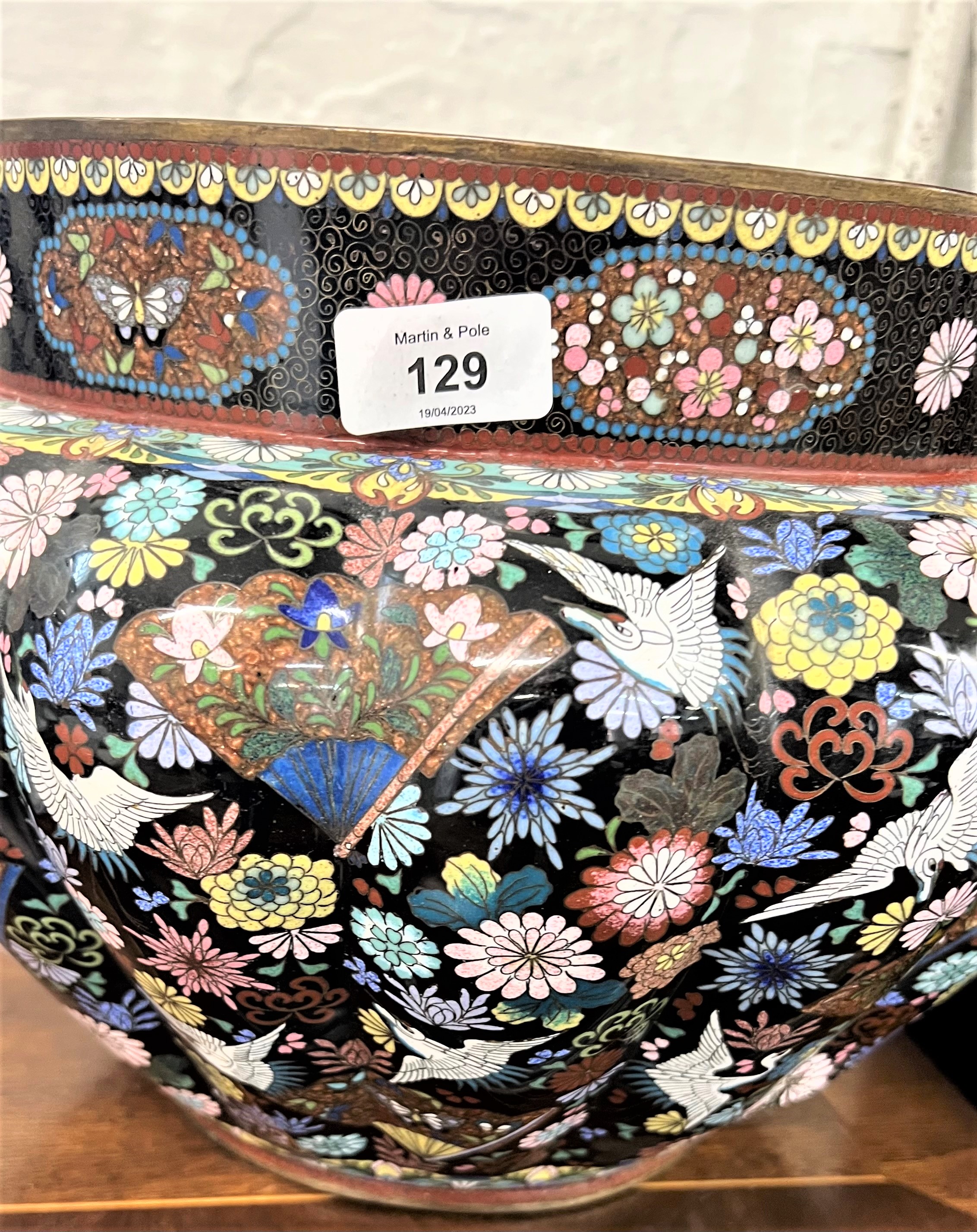 A cloisonne jardiniere decorated with cranes and flowers on black ground 38.5cm diameter, 26cm high - Image 3 of 4