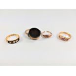 Three gold dress rings, size R, Q & J. 9ct 5.92g, and a fob