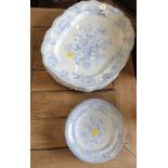 Five Holmes-Plant Co blue and white platter and six plates