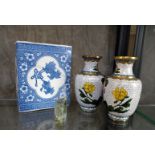 A pair of Cloisonne white ground vases, blue and white posy-holder and a Nephrite seal choc.