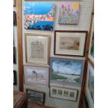 Sixteen paintings/ prints. various mediums. 20th century. Framed. (a lot)